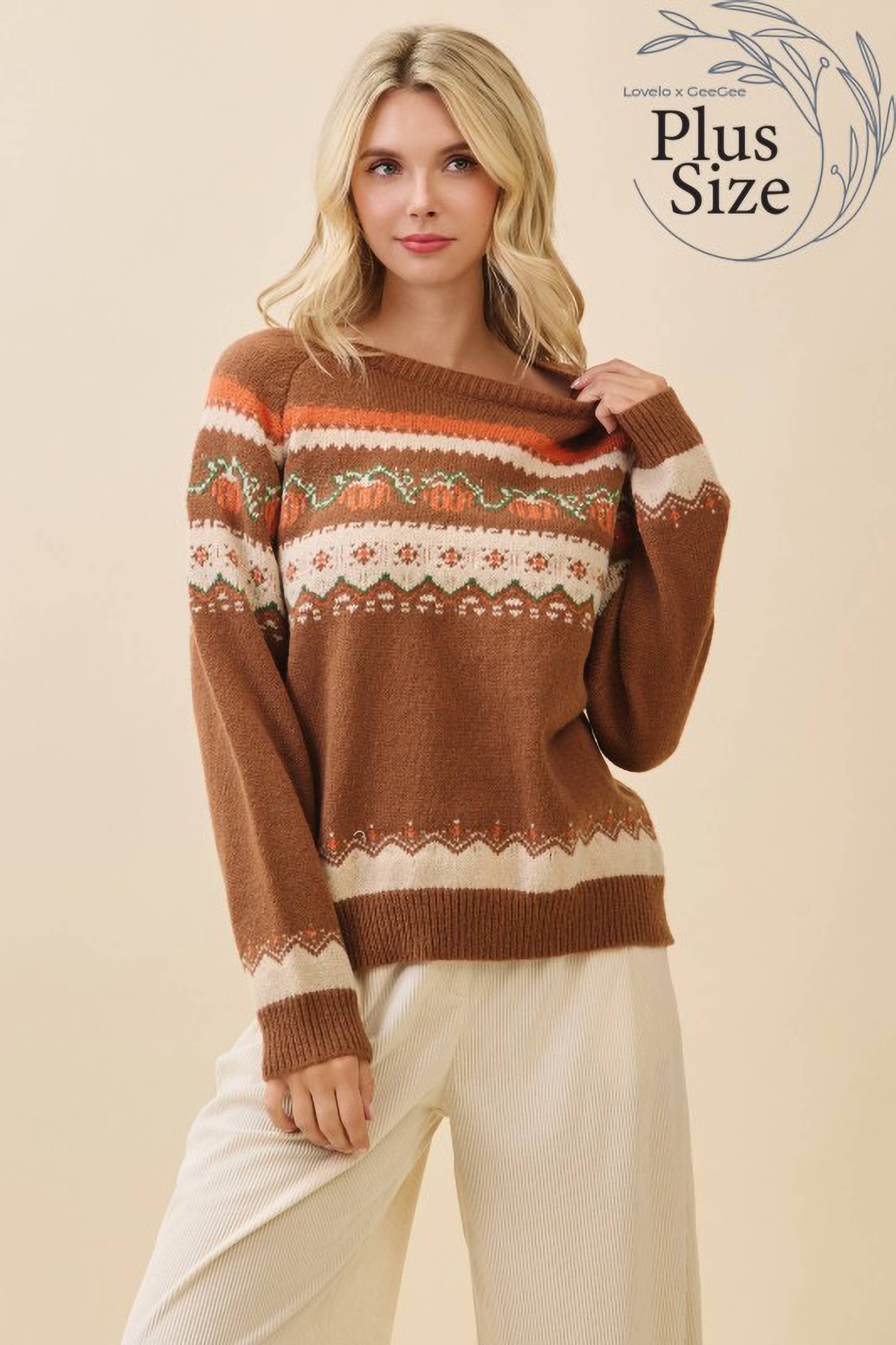 Brown Multi Plus Autumn Pumpkin Knit Sweater OT52161PL for wholesale on Faire4
