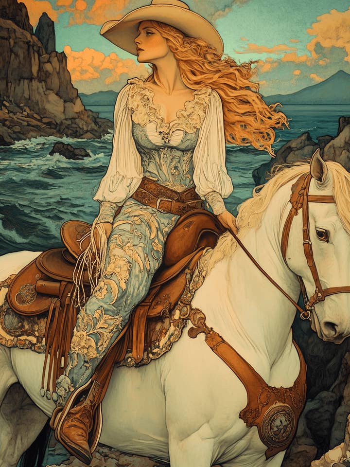 Stampa artistica da parete Vintage Cowgirl & Her Horse, motivo: Coastal Cowgirl 20,3 x 25,4 cm, opaca, 27,9 x 35,6 cm per la vendita all'ingrosso da parte di Mowbi