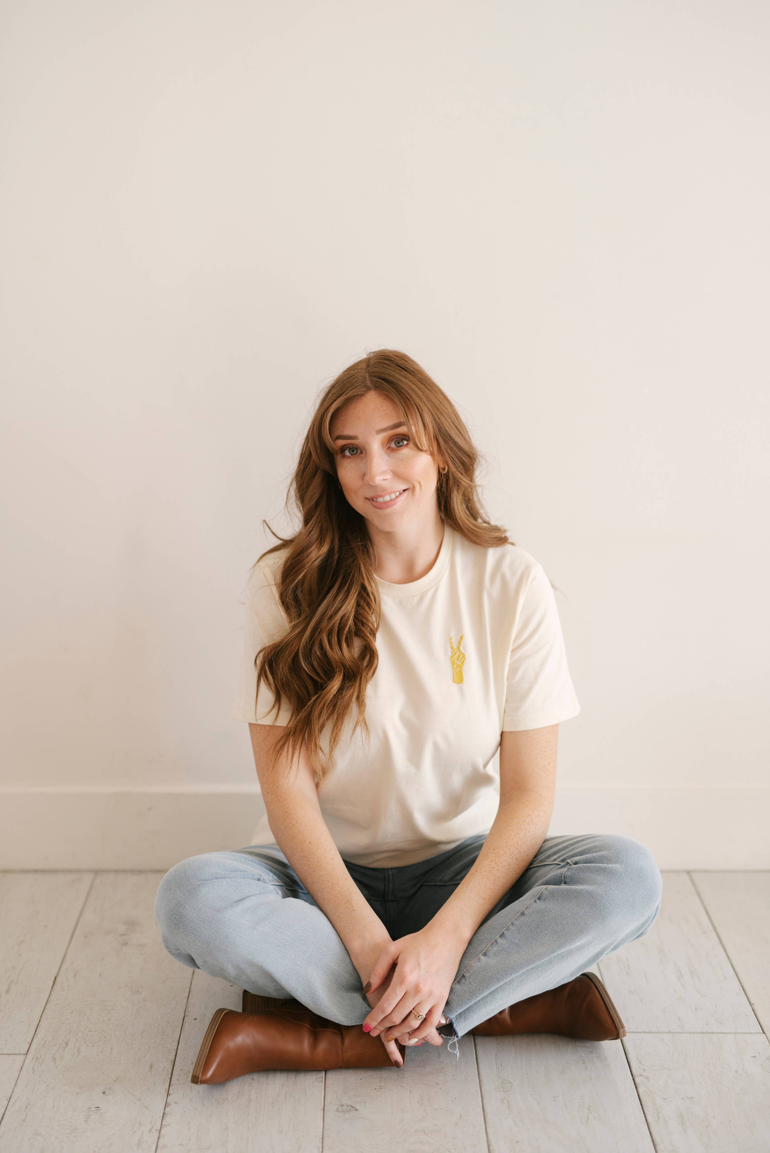 Oak Bluff Peace Hand Embroidered T-Shirt, Womens Shirt, Chainstitch for wholesale on Faire3