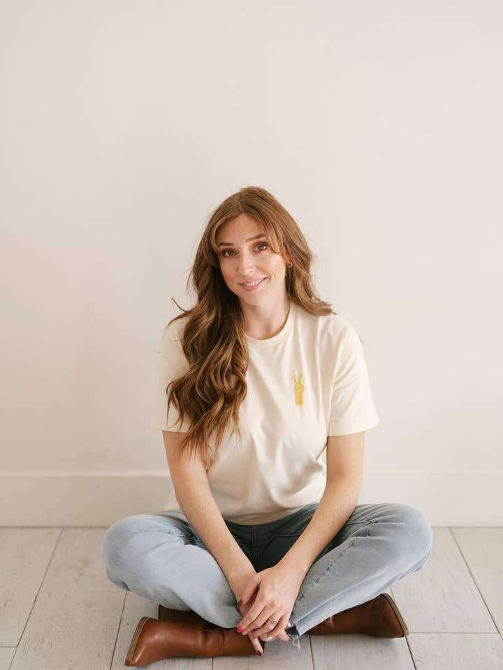 Oak Bluff Peace Hand Embroidered T-Shirt, Womens Shirt, Chainstitch for wholesale on Faire3