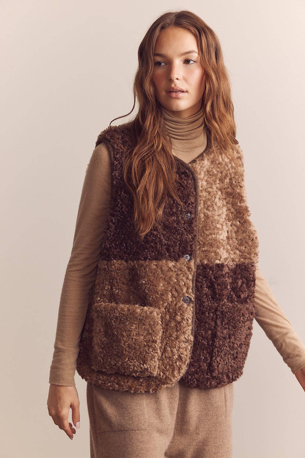 Mocha Brown Color block wool blend shepherd reversible vest  for wholesale on Faire6