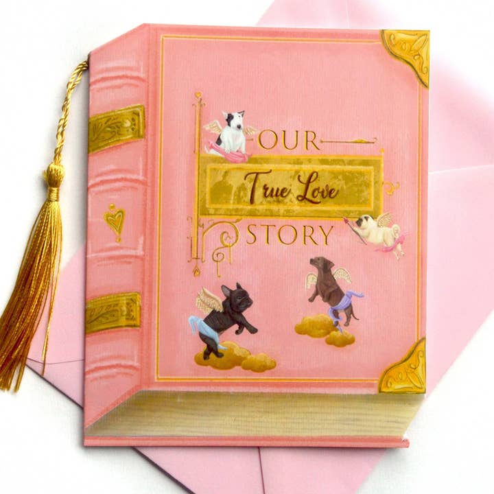 True Love Story Dog Cherub Card- Funny Valentine greetings for wholesale by Hannah Farrs