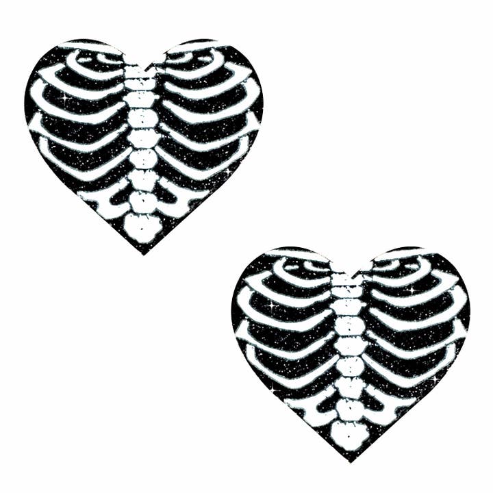 White Skeleton Rib Heart Glitter Nipple Cover Pasties for wholesale by Neva Nude