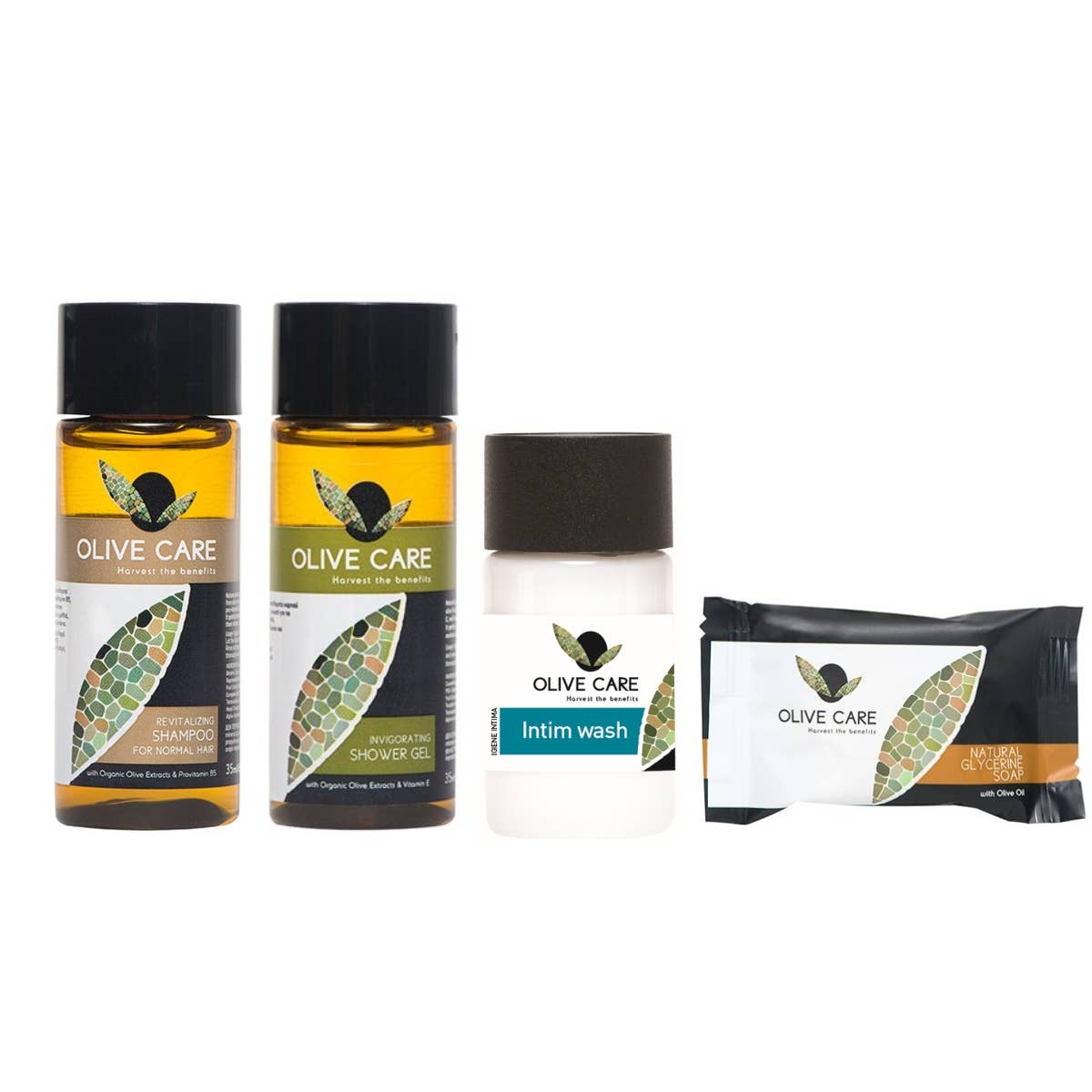 Flexi Amenities - Venta al por mayor Juego de baño y cuidado corporal - Set de cortesía de los servicios del hotel Olive Care Monodose6