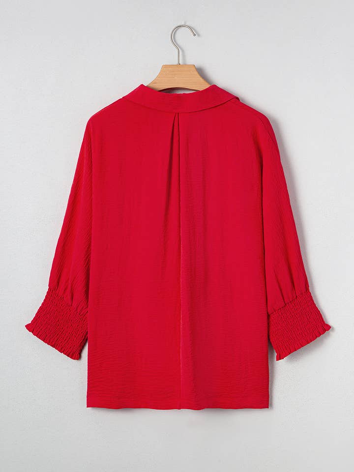 Fiery Red V Neck Collared Shirred 3/4 Sleeve Oversized Tunic Top for wholesale on Faire4