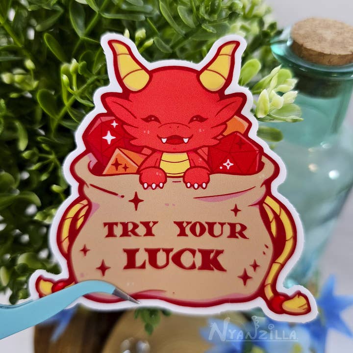 Try Your Luck Dragon in Dice Bag Matte Vinyl Sticker for wholesale by Nyanzilla
