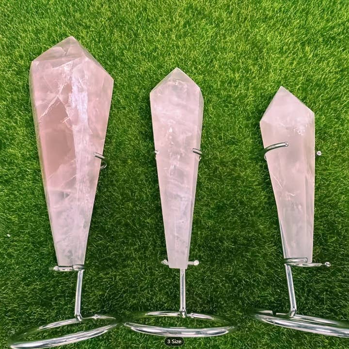 Crystal Deal· Wholesale Crystals & Gifts - Wholesale Spiritual Stone/Crystal - Natural Rose Quartz Scepter with Stand – 3 Sizes (3.9"–6.3")2