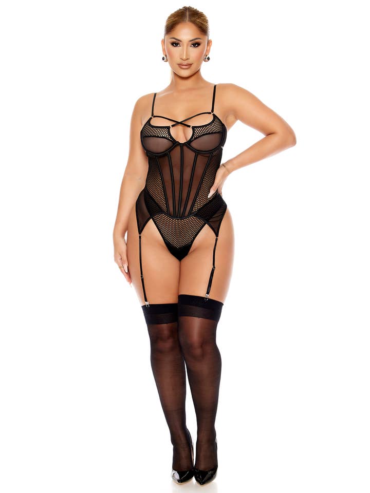 Forplay Inc. – wholesale Lingerie Set – women's – Caught Up O-Net Corset Style Teddy