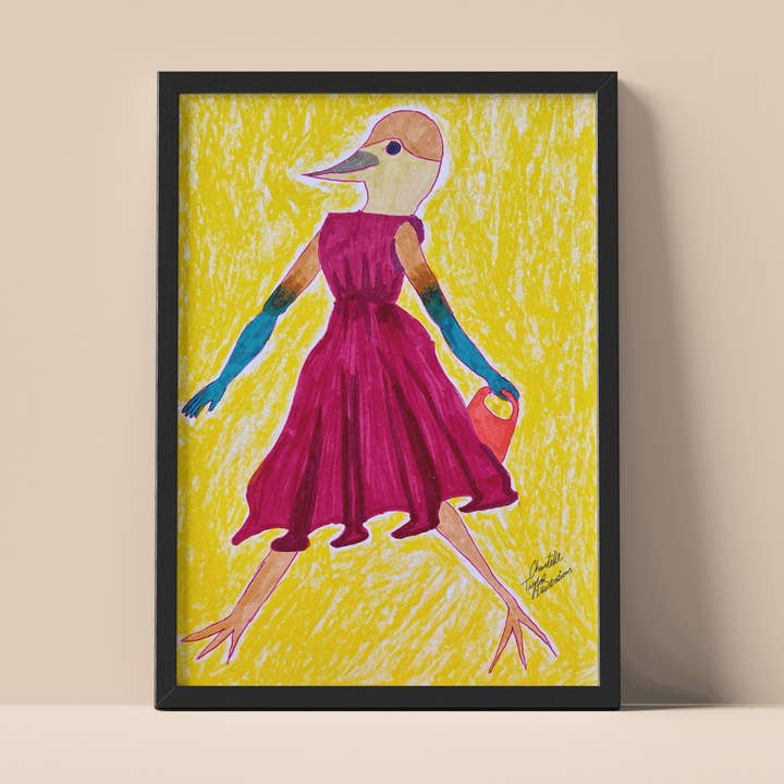 Bird Woman Art Print Unique mixed-media illustration print for wholesale by Chantelle Taylor Illustrations