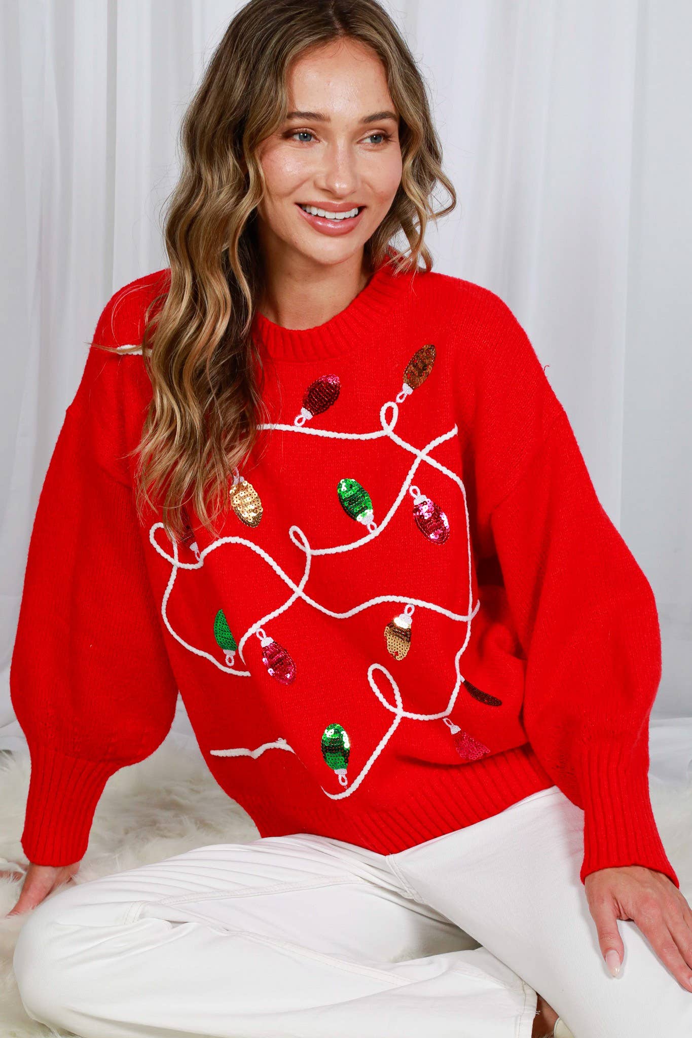 Vine & Love - Wholesale Knit Sweater - Women's - Colorful Christmas-Light Embellishment Cozy Sweater VT8225922