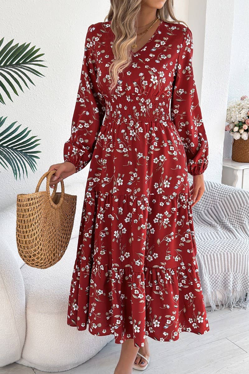 NINEXIS - Vente Robe – femme - Robe à volants à manches longues et col en V à motif floral CWDMD60284