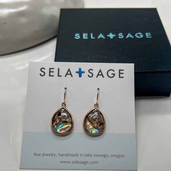 Sela+Sage - Wholesale Dangle Earrings - Lightweight Paua Shell Drop Earrings, Bezel Teardrops GF