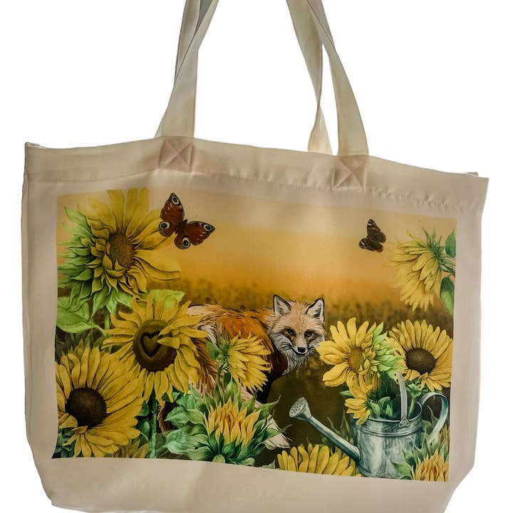 Sac fourre-tout réutilisable, fourre-tout polyvalent - Fox in Sunflowers pour la vente par Dusty & Delilah Designs