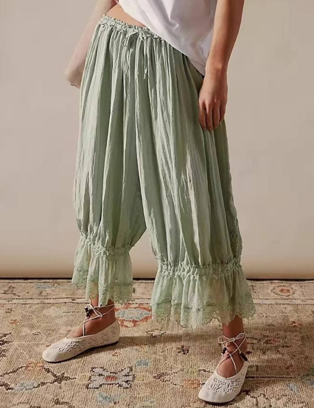 Sweetkama - Vente Pantalon – femme - Pantalon lanterne à taille élastique avec cordon en dentelle pour femmes12