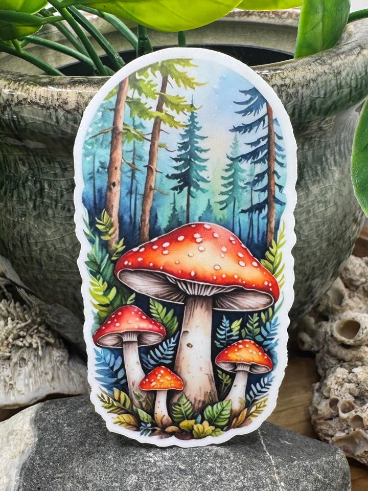 Mushroom California Foggy Forest Waterproof Vinyl Sticker for wholesale by California Dreaming Co