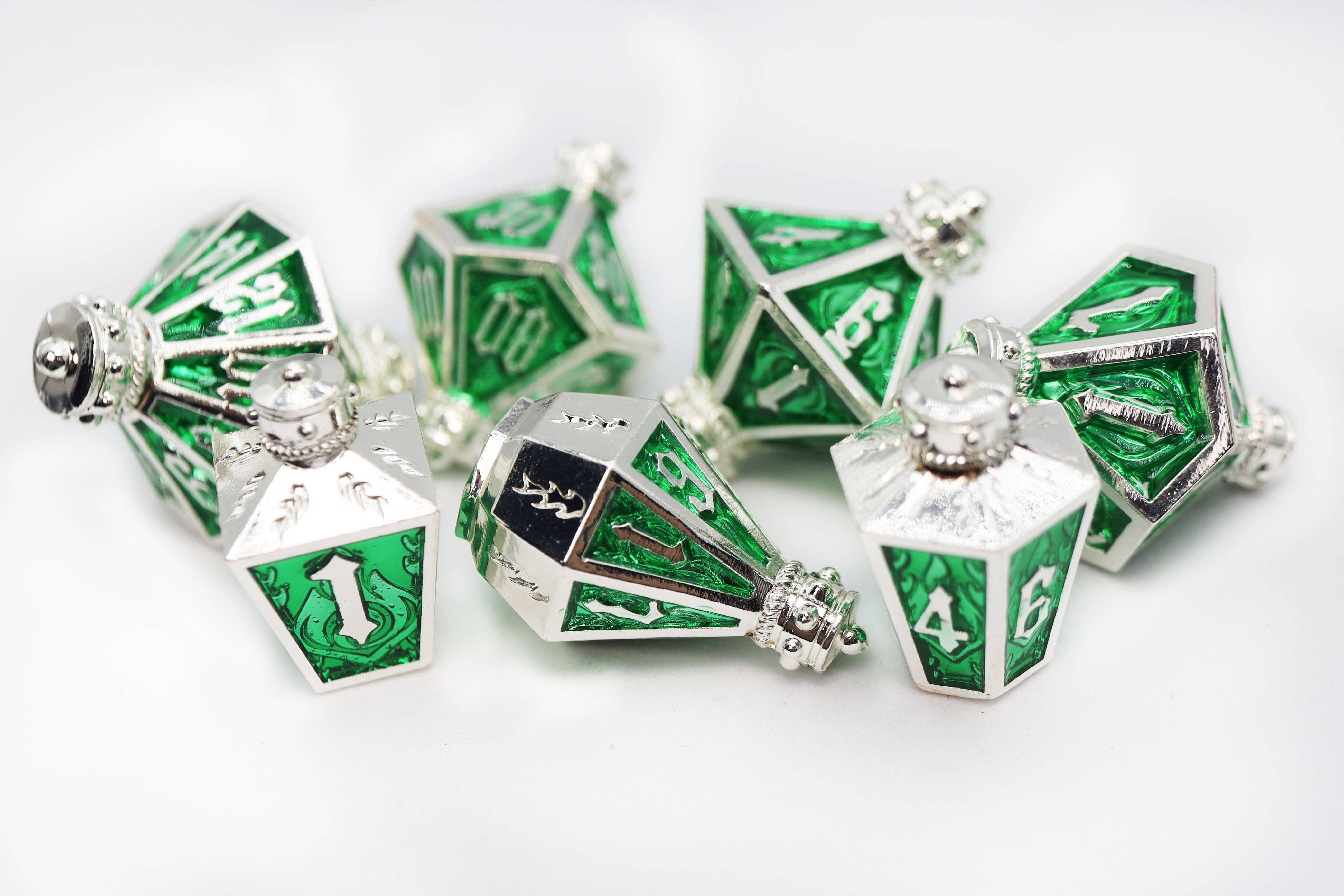 Foam Brain Games - Wholesale Dice - Moonlit Lantern: Silvered Acidfire - Metal RPG Dice Set0