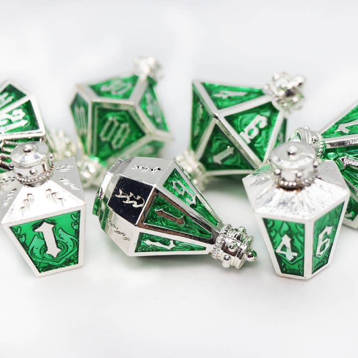 Foam Brain Games - Wholesale Dice - Moonlit Lantern: Silvered Acidfire - Metal RPG Dice Set