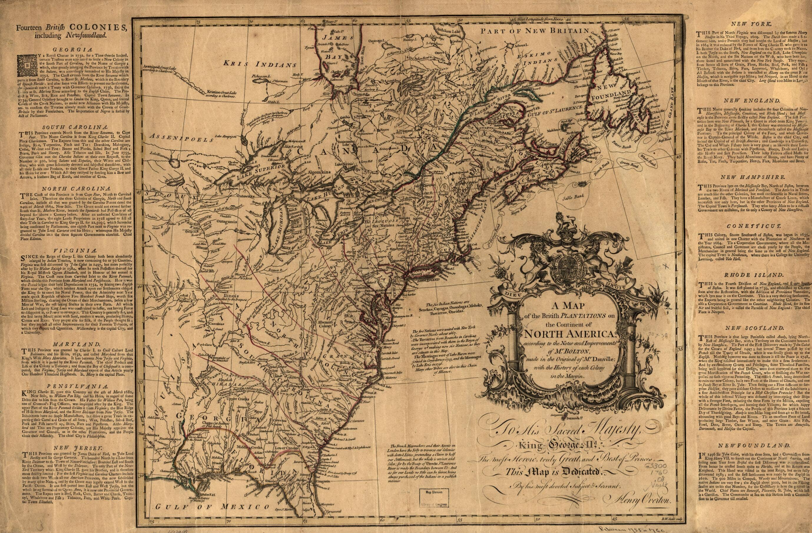 Relic Map Co. - Wholesale Map - A Map of the British Plantations On the Continent of North America, According to the Notes and Improvements of Mr. Bolton, Made In the Original of Mr. Danville; With the History of Each Colony In the Margin 17550