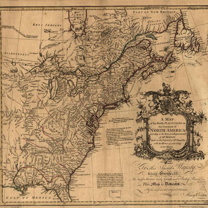 Relic Map Co. – Großhandel Karten – Eine Karte der britischen Plantagen auf dem Kontinent Nordamerika, gemäß den Anmerkungen und Verbesserungen von Herrn Bolton, erstellt im Original von Herrn Danville; mit der Geschichte jeder Kolonie im Rand 1755