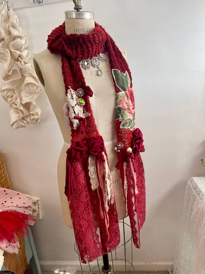 Scarf, Knit Scarf, Applique Scarf, Lace Scarf, Red Scarves, for wholesale by Farm Charm Couture