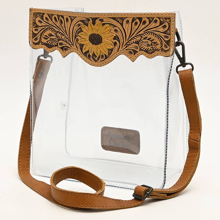 LS Western - Wholesale Crossbody Bag - Women's - ADBGZ725 Clear Crossbody Bag with Sunflower Tooled Leather Flap - Western Stadium-Approved Purse