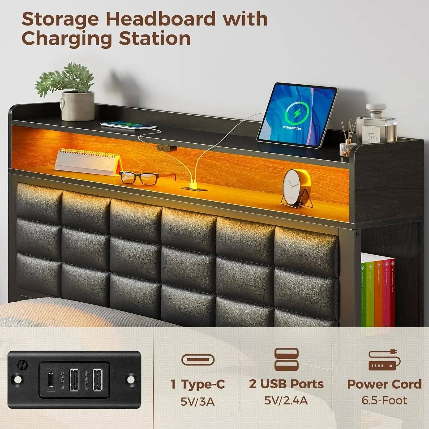 American Smart - Wholesale Bed - Bed Frame with Storage Headboard & 2 Drawers,Upholstered Platform Bed with Charging Station & LED Light,Heavy Duty Frame Support6