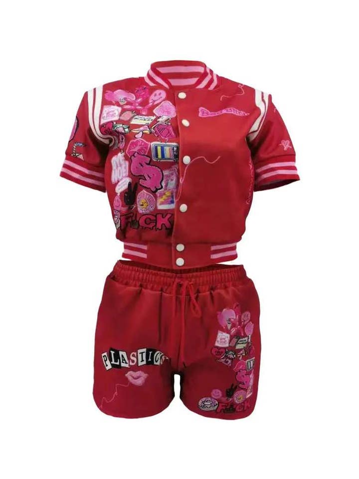 Flarix - Wholesale Top & Short Set (NOT Loungewear) - Women's - letter graphic pattern baseball top shorts set18