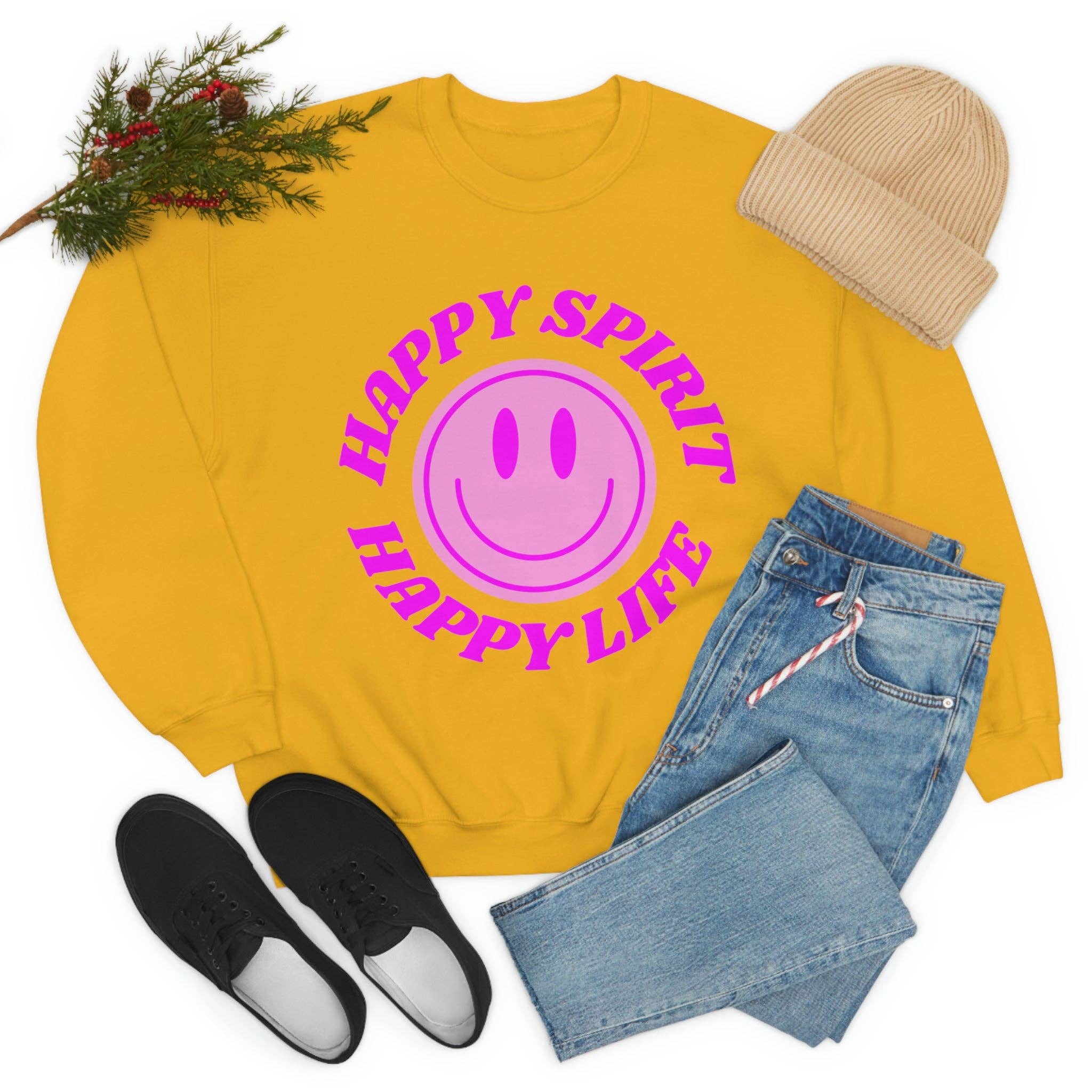 Happy Life Stuff - Wholesale Graphic Sweatshirt - Women's - Happy Spirit Happy Life Sweatshirt, VSCO Girl Crewneck, Oversized Retro Font Graphic Tumblr, Front Print Smile Face Trendy Cover Up18