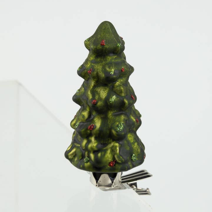 A23862: Glass clip on tree ornament,green with red dots,3in for wholesale by Silver Tree Home & Holiday