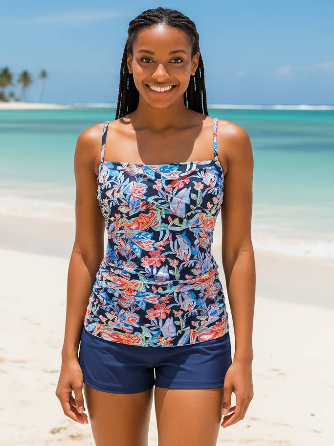 Tankini Floral Azul Marino H3130 Boy Short para venta al por mayor de Stylish Swimwear