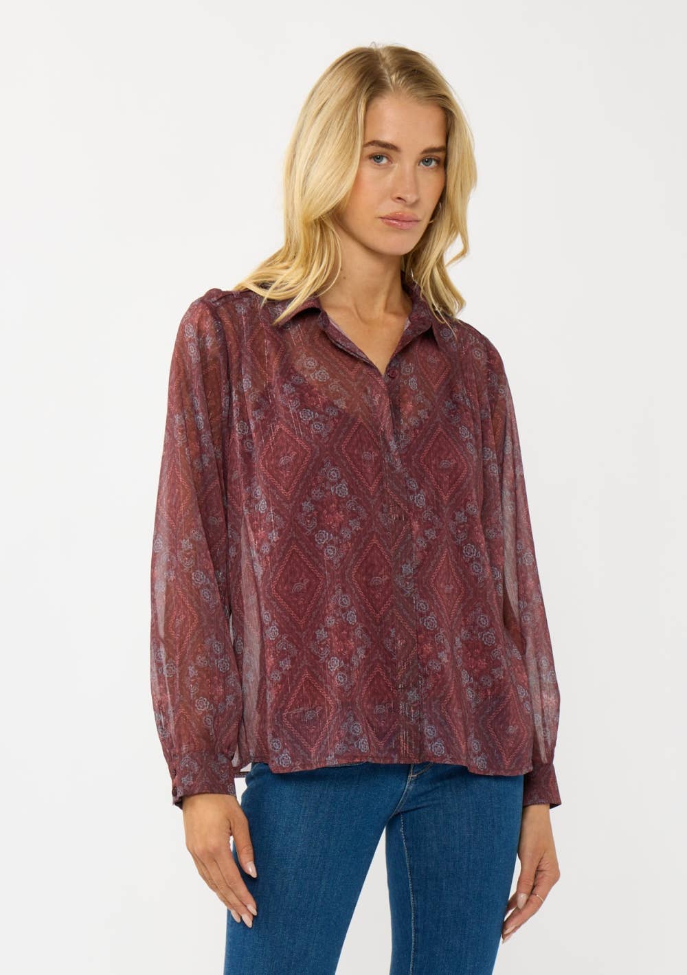 WINE ROSE Diamond Floral Sheer Blouse for wholesale on Faire0