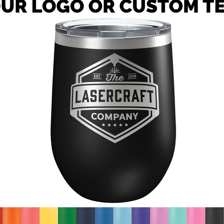 Gobelet à vin sans tiges de 12 oz personnalisé avec illustration personnalisée ou logo pour la vente par The Lasercraft Company
