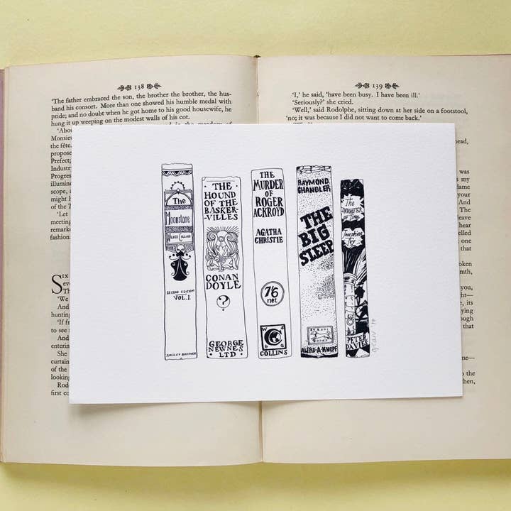 Classic Detectives Novels Book Spine Ink Drawing Art print for wholesale by Georgina The Librarian