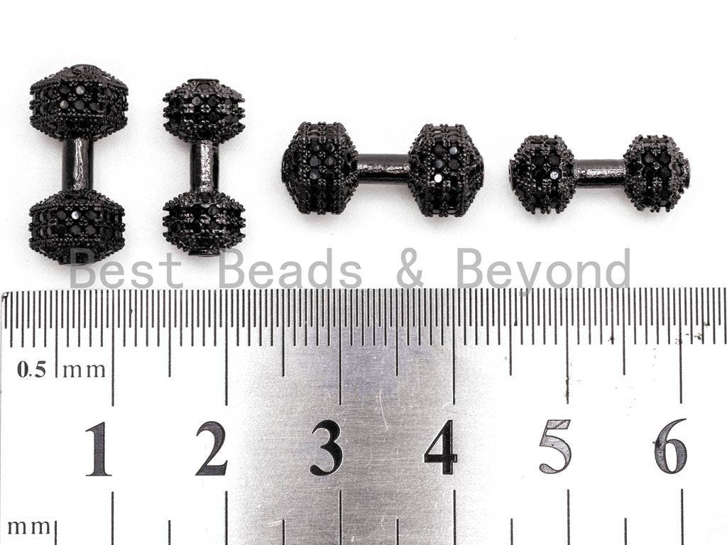 BestBeads&Beyond – wholesale Individual charm/pendant – Black CZ Pave Dumbbell Micro Pave Beads, Cubic Zirconia Spacer Beads, Fitness Barbell Spacer, Men's Bracelet Charms, 6x16/7x17mm sku#G3302
