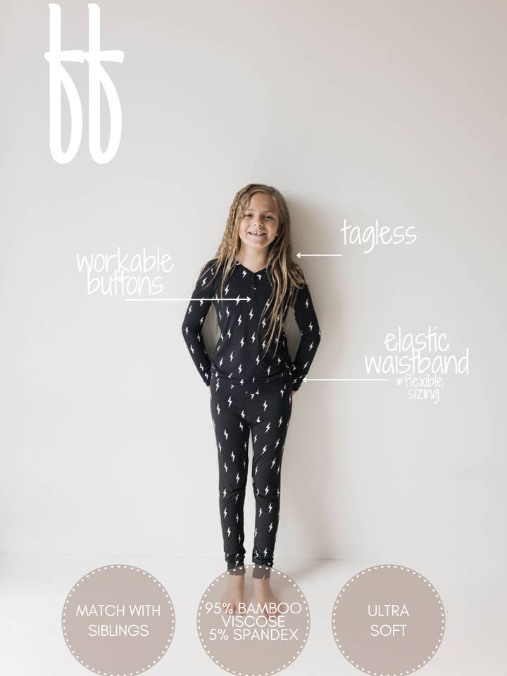 Forever French Baby - Wholesale Sleepwear Set - Kids - Bamboo Two Piece Pajamas | Midnight Lightning Bolt