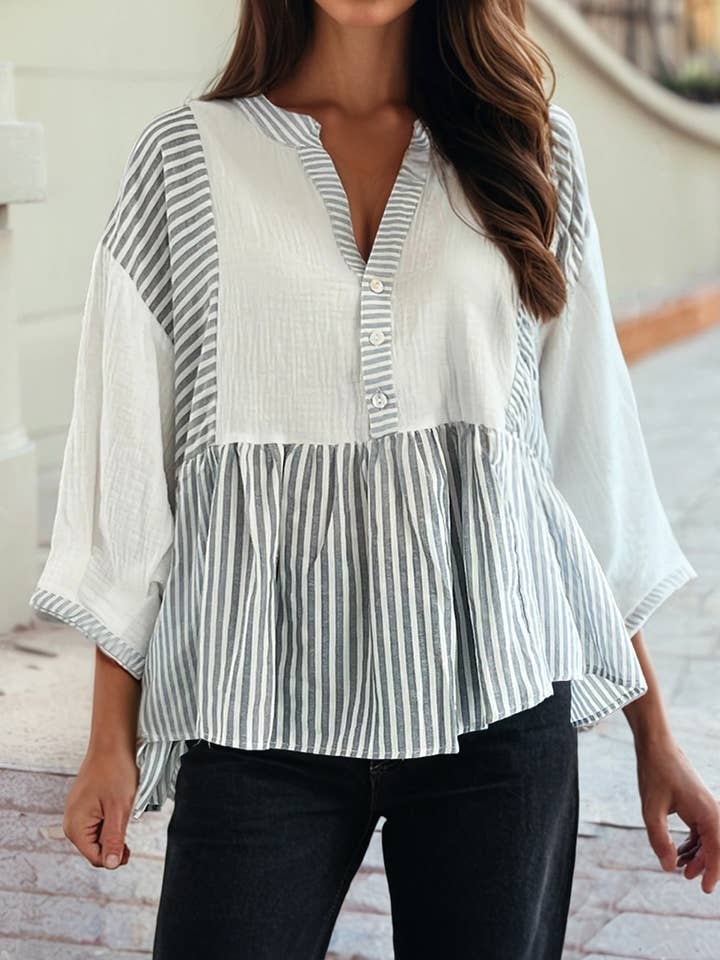 Half Button Gauze Patchwork Bracelet Sleeve Babydoll Blouse for wholesale by 1 the Woman