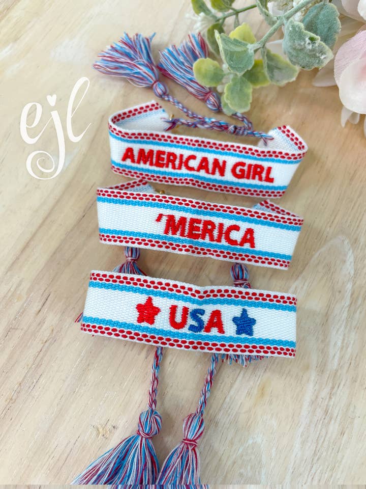 Patriotic Embroidered Tassel Bracelet / 4th of July Bracelet for wholesale by EstelleJoyLynn, LLC