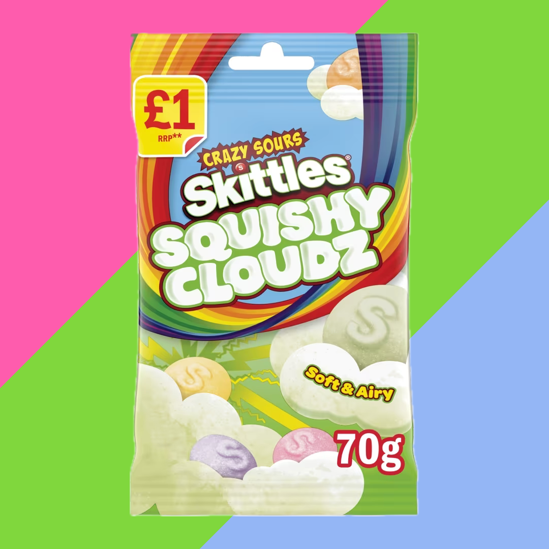 Gaffney's Sweets & Treats Wholesale – wholesale Gelégodis – Skittles Squishy Cloudz Sour 14x70g Påsar £1 PMP1