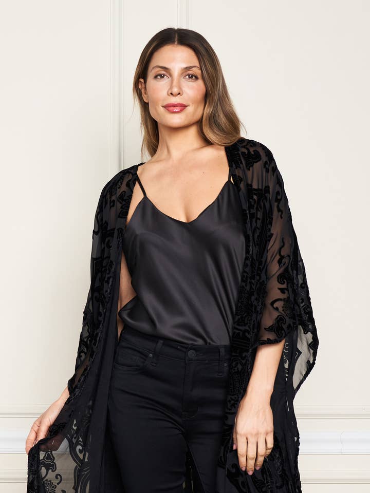 Black 3643-EAK Velvet Burnout Fringe Trim Open Front Kimono - O/S for wholesale on Faire2