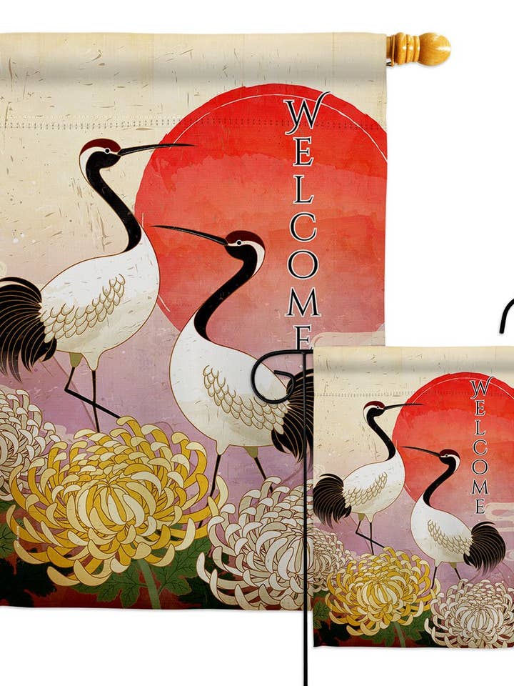 Red Crowned Crane Animals Bird Oriental Floral Decor Flag for wholesale by Two Group Flag Co