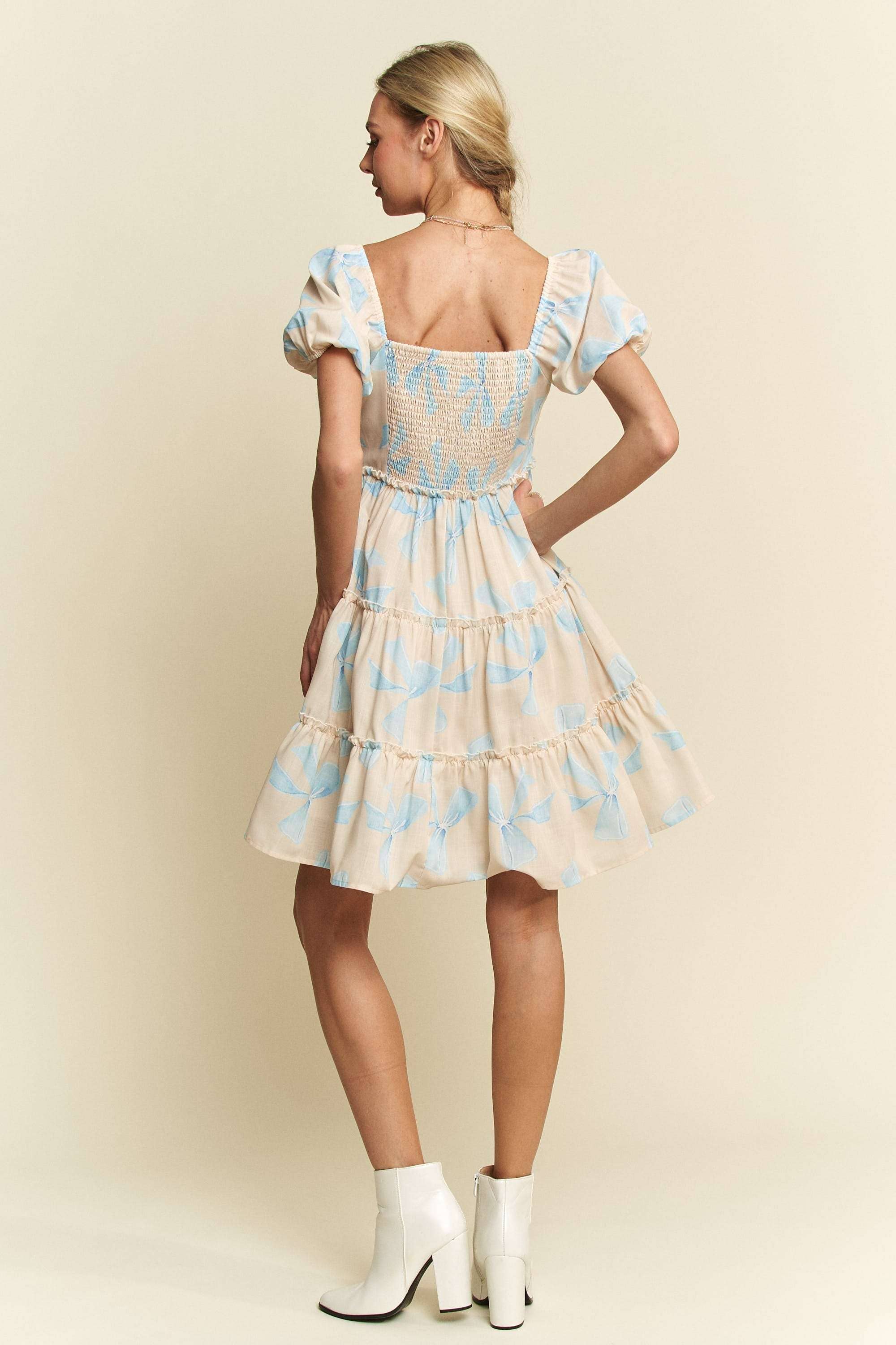 Davi & Dani - Wholesale Dress - Women's - BOW PRINTED PUFF SMOCKING BACK TIERED DRESS7