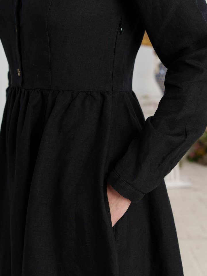 Night Garden Classic – Midi Linen Dress with Peter Pan Collar for wholesale on Faire21