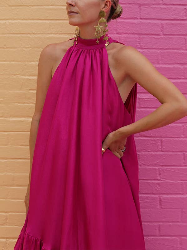 PINK Falbala Stand Collar Maxi Dress for wholesale on Faire