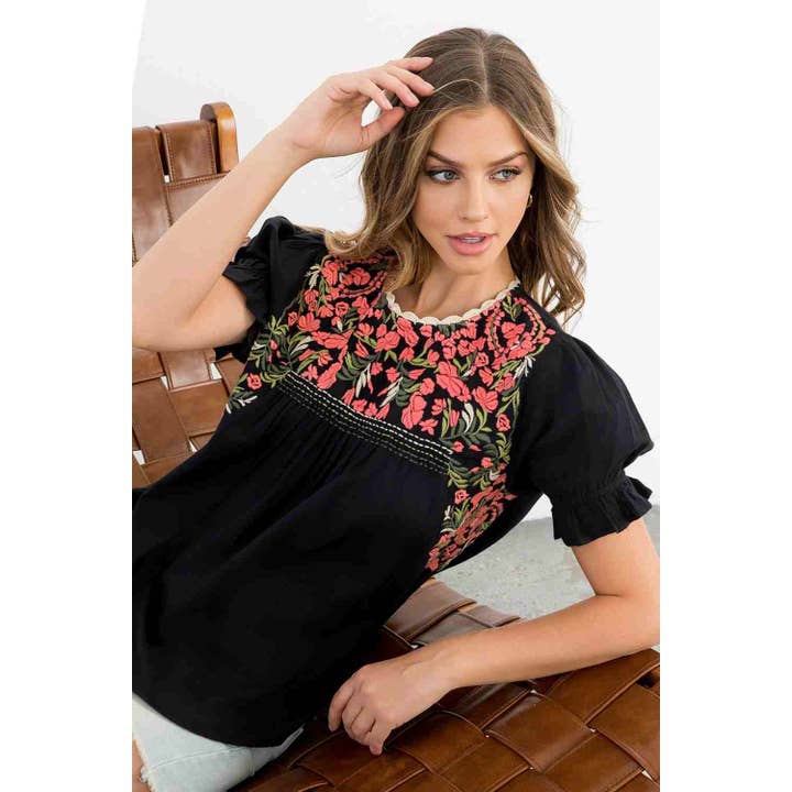 BLACK Short Puff Sleeve Embroidered Top for wholesale on Faire