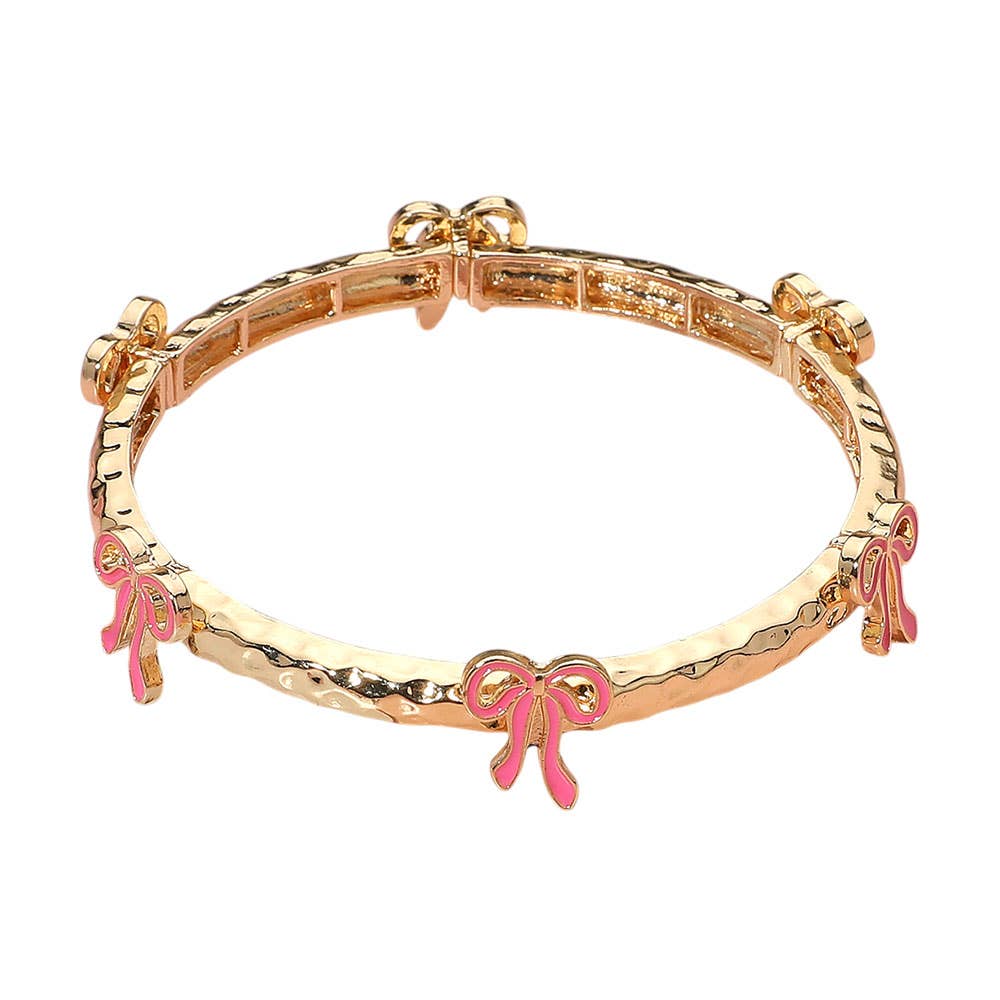 Sensibling Corp. - Wholesale Bangle Bracelet - Enamel Bow Accent Hammered Metal Bar Beaded Stretch Bracelet11