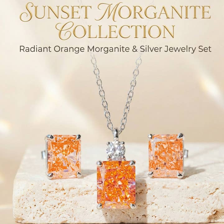 18K Gold 7CT Crushed Ice Cut Morganite Necklace Earring Set for wholesale by Everly Yours