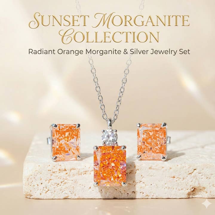 18K Gold 7CT Crushed Ice Cut Morganite Necklace Earring Set for wholesale by Everly Yours