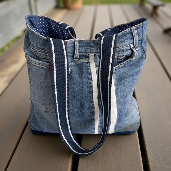 7FAM Upcycled Premium Denim Tote Bag w/ stripe - blue dot for wholesale by Indigo Bags
