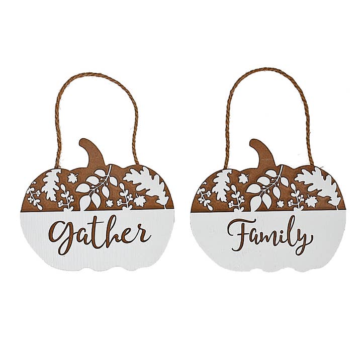 White Engraved Pumpkin Hanger Asstd for wholesale on Faire