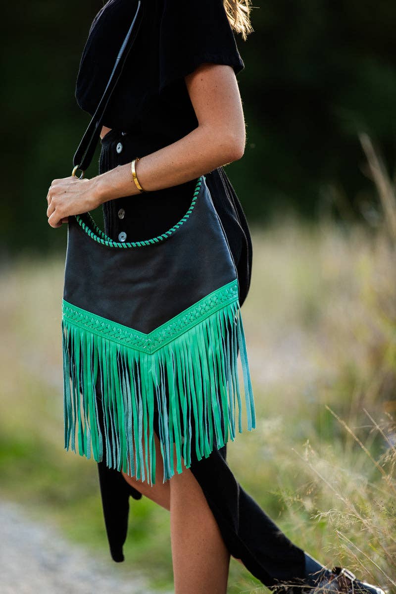 Native hearts - Wholesale Crossbody bag – Women's - Western Leather Bags with Tassels - Green and Black3